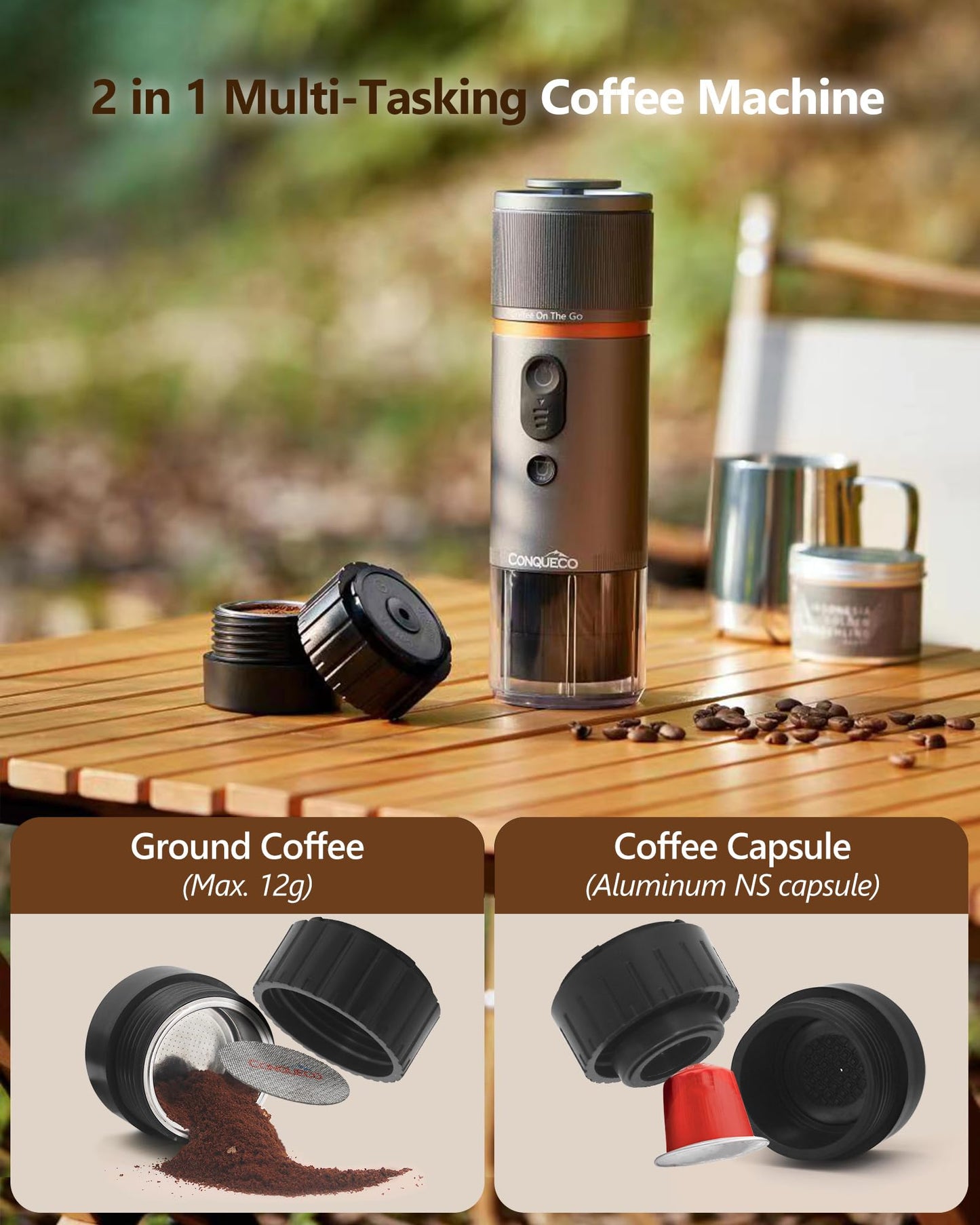 CONQUECO Tragbare Espressomaschine Elektrische Kaffeemaschine: 12V Auto kleine Reise-Expressomaschine Satz – Batteriebetrieben, kompatibel mit NS-Kapseln & gemahlenem Kaffee (Grau (3 Artikel))