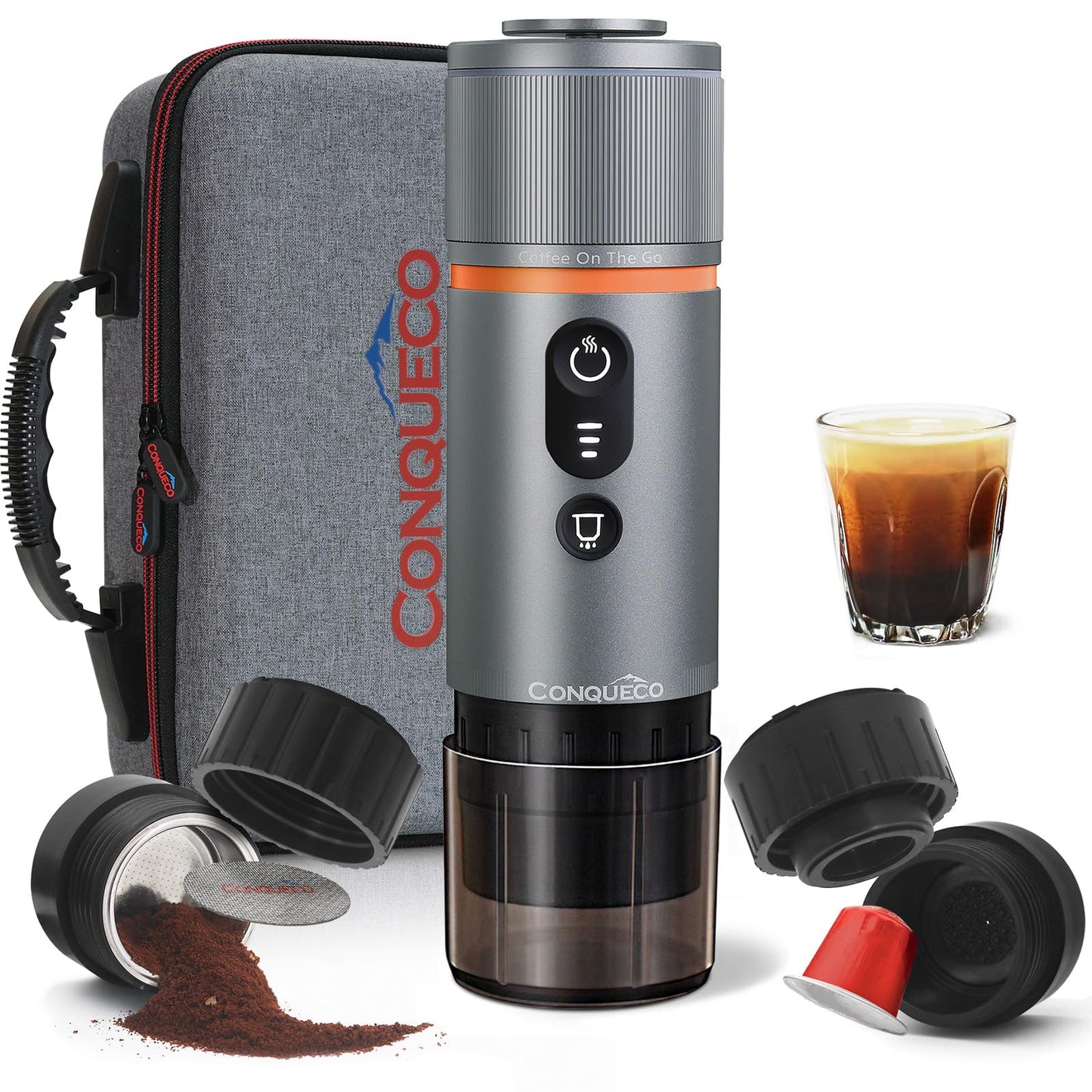 CONQUECO Tragbare Espressomaschine Elektrische Kaffeemaschine: 12V Auto kleine Reise-Expressomaschine Satz – Batteriebetrieben, kompatibel mit NS-Kapseln & gemahlenem Kaffee (Grau (3 Artikel))