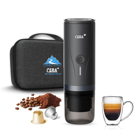 CERA+ Máquina de Espresso Eléctrica Portátil Auto-calentamiento en 3-4 minuti, kompatibel mit gemahlenem Kaffee und NS-Kapsel,con tragbarer Tasche