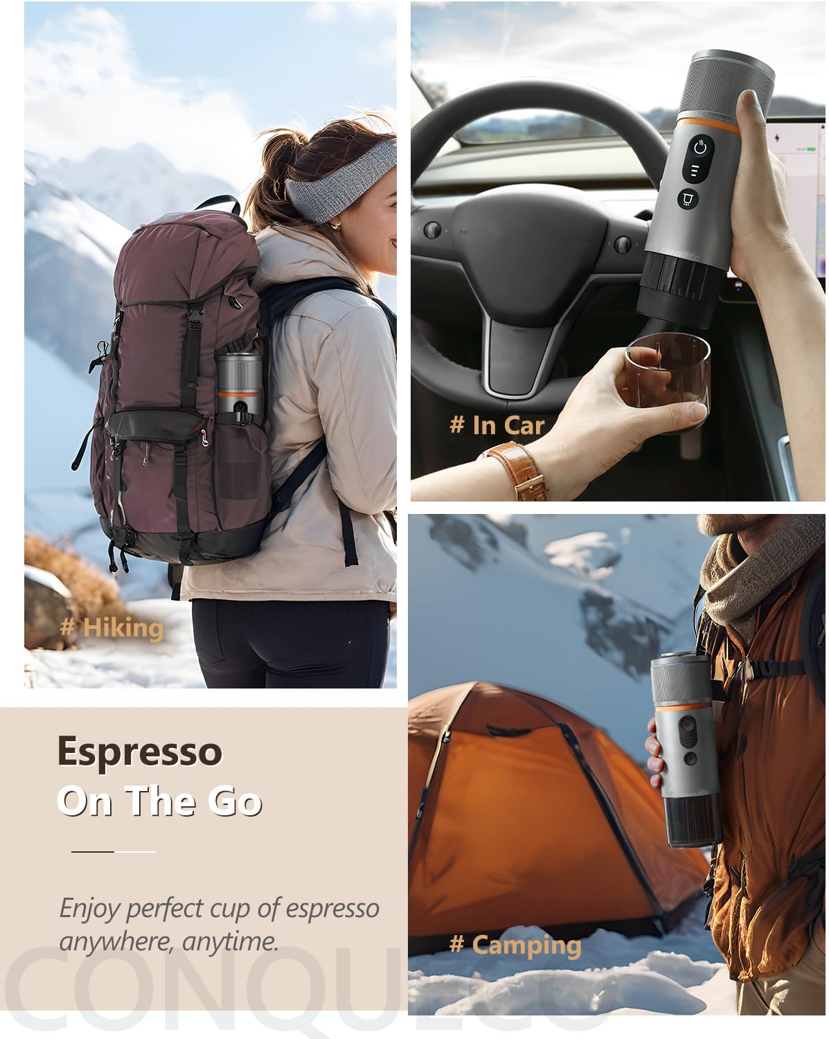 CONQUECO Tragbare Espressomaschine Elektrische Kaffeemaschine: 12V Auto kleine Reise-Expressomaschine Satz – Batteriebetrieben, kompatibel mit NS-Kapseln & gemahlenem Kaffee (Grau (3 Artikel))