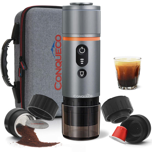 CONQUECO Tragbare Espressomaschine Elektrische Kaffeemaschine: 12V Auto kleine Reise-Expressomaschine Satz – Batteriebetrieben, kompatibel mit NS-Kapseln & gemahlenem Kaffee (Grau (3 Artikel))